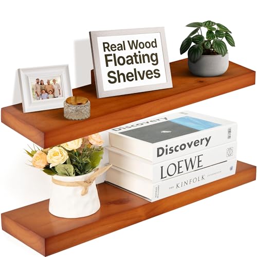 Imperative Décor Heavy Duty Floating Shelves for Wall Long - Handmade Natural Wood Floating Shelves Kitchen, Bathroom, Wooden Shelf for Wall - Light Walnut 36 inch Long Wood Shelf of 2 - (36'x 6.5')