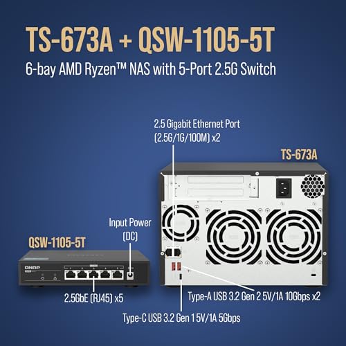 Image of QNAP TS-673A 6-Bay AMD Ryzen Quad-Core 2.5GbE NAS with QSW-1105-5T 5-Port 2.5GbE Unmanaged Switch