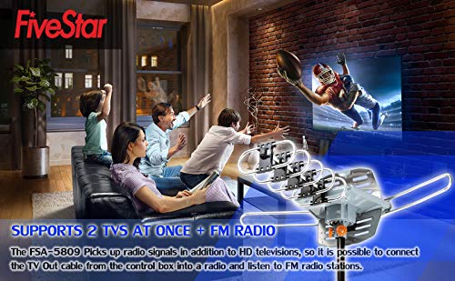 Five Star Outdoor HD TV Antenna Strongest Up to 150 Miles Long Range with Motorized 360 Degree Rotation, UHF/VHF/FM Radio Infrared Remote Control with Mounting Pole & 40FT RG6 Coax Cable Support 2 TVs
