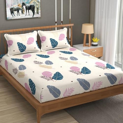 Image of New Town Cotton Feel Glace Cotton Elastic Fitted Printed King Size Double Bed Bedsheet with 2 Pillow Covers and Fits Upto 8 inches Mattress, Size- 72 inchx78 inch Saffro 4952