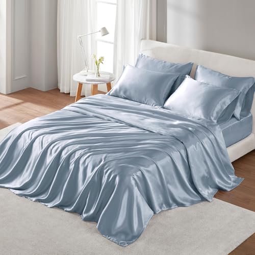 Image of Madison Park Essentials Satin Sheets Full Size Bed Set, 6 Piece, Blue | Luxury and Smooth Silky Bedding with Natural Sheen, All Around Elastic 14 inch Pocket fits up to 16 inch Mattress, Year-Round Cozy