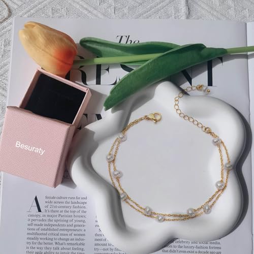 Gold Pearl Bracelets for Women - Dainty 14K Gold Plated Pearls Bracelet Trendy Beaded Chain Jewelry Gifts for Women3