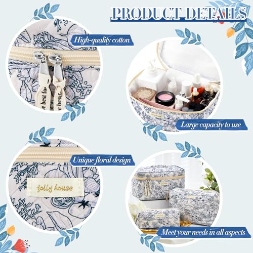 3 Pcs Cotton Quilted Makeup Bag Large Coquette Makeup Bag Travel Aesthetic Floral Makeup Bag Cute Kawaii Toiletry Cosmetic Pouch with Zipper for Women Gifts Home Bathroom (Blue Plants) - Image 5