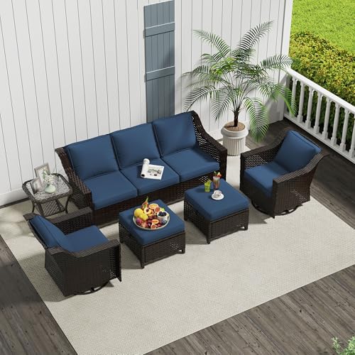Image of 6 Piece Patio Furniture Set, Wicker Outdoor Conversation Set | Patio Chair Set with Olefin Removable Cushion, All-Weather Outdoor Couch with Deep Seat for Porch, Deck and Backyard, Blue