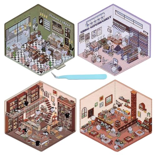 自分で作る家ステッカー 3D効果 - 4枚のストレス解消 スクラップブックステッカー | 子どもから大人まで楽しめる カートゥーンハウスデカール ノートブック スマホケース スクラップブック 手作り好きな教師向け