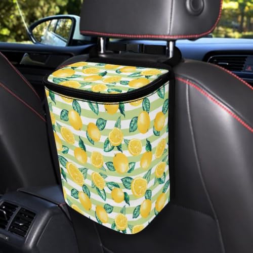 Image of Lemon Stripe Print Trash Bag for Car with Lid Multipurpose Trash Bin Waterproof Garbage Can Decoration Universal Car Interior Accessories