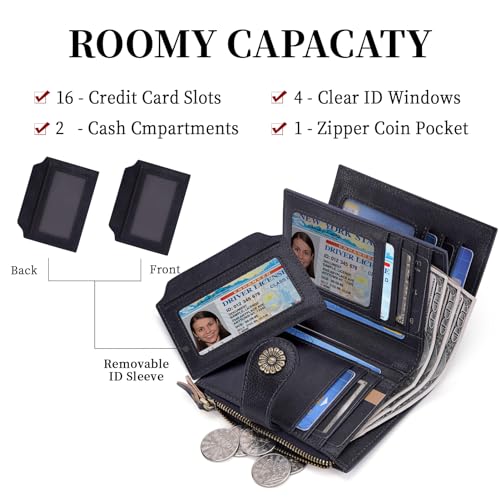 Image of HKCLUF Wallet Women,Small Genuine Leather Bifold Wallet Womens,RFID Blocking Wallet for Women Card Holder Purse With Removable ID Window(darkblue)