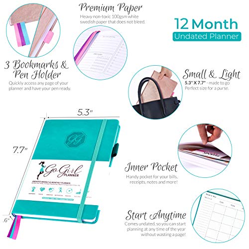 GoGirl Planner and Organizer for Women - Compact Size Weekly Planner, Goals Journal & Agenda to Improve Time Management, Productivity & Live Happier. Undated - Start Anytime, Lasts 1 Year - Turquoise