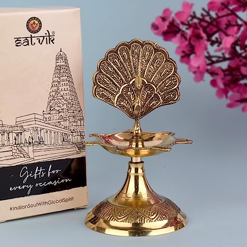 SATVIK 4 Inch Pure Virgin Brass Peacock Kerala Samai Puja Diya Traditional Brass Kutthu Vilakku Oil Lamp Pooja 1 Step Diya Engraved Design Adjustable Deepak Pooja Indian Housewarming Return Gift Item