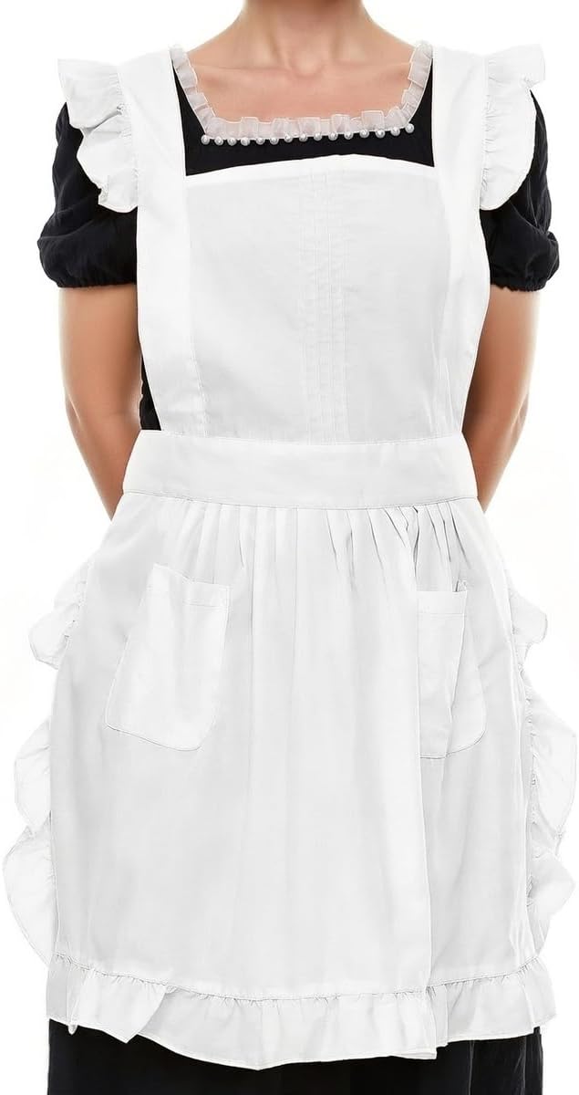 Retro Adjustable Ruffle Apron with Pockets, Small to Plus Size Ladies