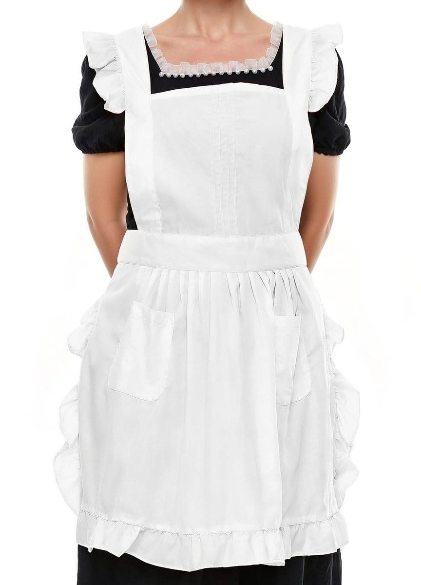 Retro Adjustable Ruffle Apron with Pockets, Small to Plus Size Ladies