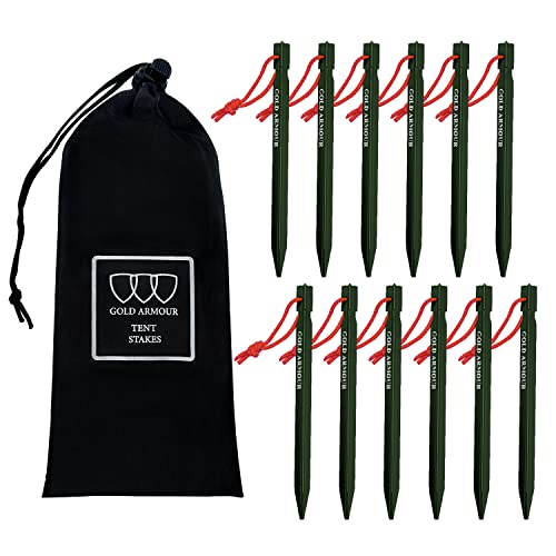 Gold Armour Tent Stakes - 12 Pack Heavy Duty, Lightweight, Camping Stakes Pegs for Outdoor Tent and Tarp, Essential Camping Gear Equipment Accessories (Green)