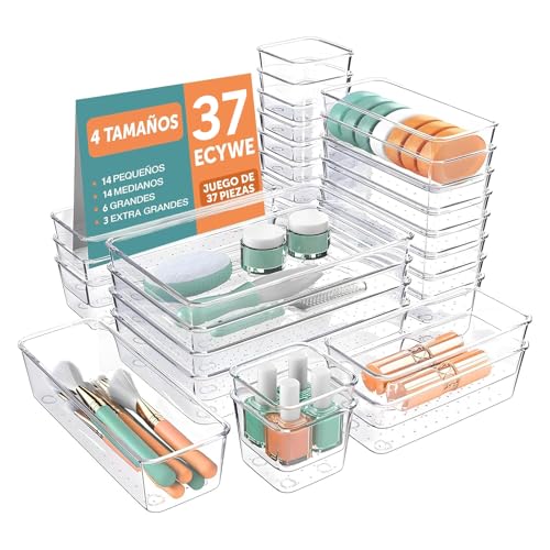 La mejor comparación de Organizadores de cajones los 5 mejores. 43 37PCS Organizador de Cajones con Pegatinas Antideslizantes,4 Tamaños Organizador de Tocador Maquillaje Escritorio Baño Cubiertos,Cajas de Almacenamiento para Cosmético,Utensilio...