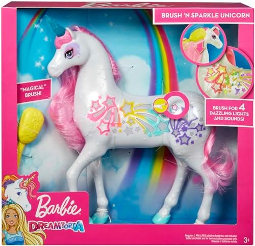 Barbie Dreamtopia Jednorożec Magiczne Włosy ze światełkami i dźwiękami, biały z różową grzywą i ogonem, wspaniały prezent dla dzieci w wieku 37 lat, GFH60