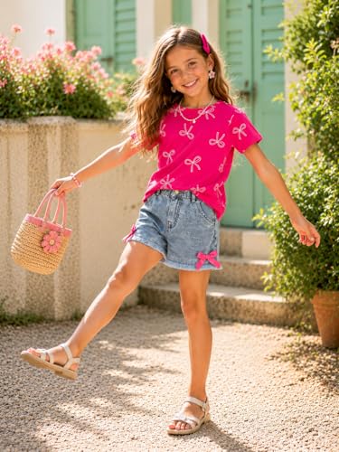 Image of Azmxynol Kid Girls Clothes Outfits Bowknot T-Shirt + 2 In 1 Denim Short Skort Summer Clothing Set, Size 4-10 Years