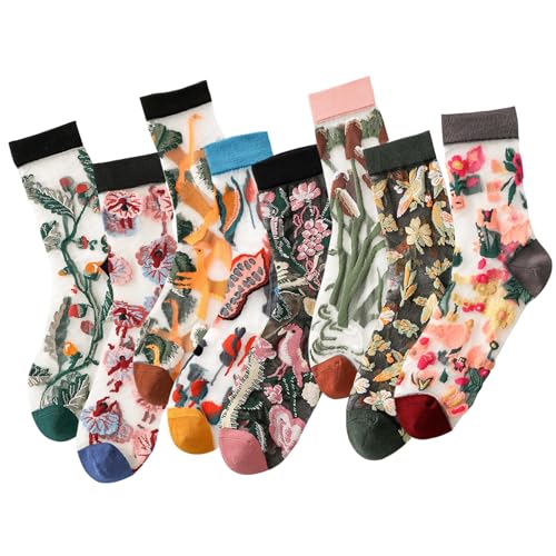 Image of DXYAKY Women's Sheer Floral Embroidered Socks - Vintage Transparent Thin Mesh Crew Socks, Cute & Fashion Lace Aesthetic Ankle