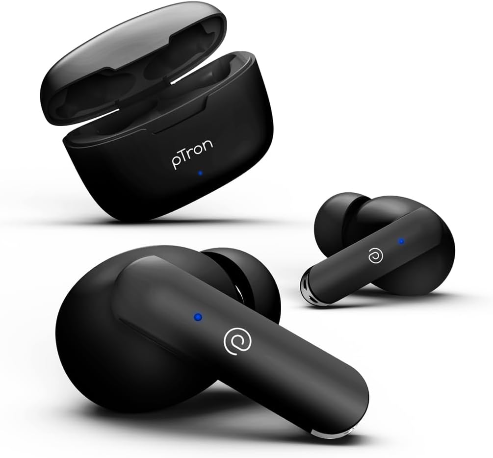 pTron Bassbuds Duo in-Ear Bluetooth 5.1 Wireless Headphones, Stereo Audio, Touch Control TWS Earbuds with HD Mic, Type-C Fast Charging, IPX4 Water Resistant & Voice Assistance