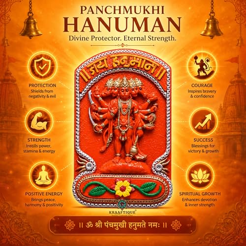 Image of Sindoori Panchmukhi Hanuman Wall Hanging Idol for Home Decor | Marble Dust Hanuman Ji Murti for Pooja Room Temple Entrance Vastu Gift | Orange Glossy Finish