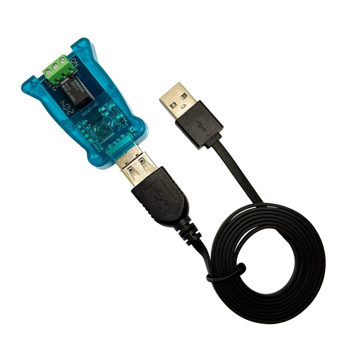 DSD TECH SH-UR01A USB Relay Controller connected to a USB extension cable.