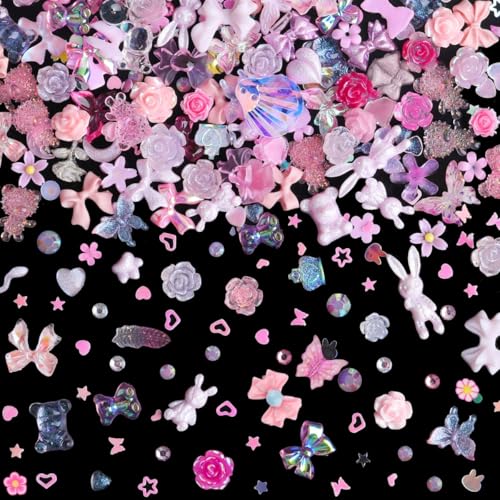 Umillars 300pcs Nail Art Charms Kit, 100pcs Resin Nail Charms with 100 pcs Mixed Style Flatback Rhinestones Pearls and 100pcs Nail Sequins for Nail Art Designs DIY Accessories Craft