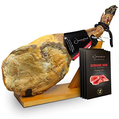 Iberico Ham (Shoulder) Grass-Fed Bone In 9.5-11Lb + Ham Stand + Knife & Spanish Serrano Ham Sliced Dry-Cured (12Oz) - Cured Spanish Jamon With No Nitrates Or Nitrites All Natural - Gmo & Gluten Free #TOP5