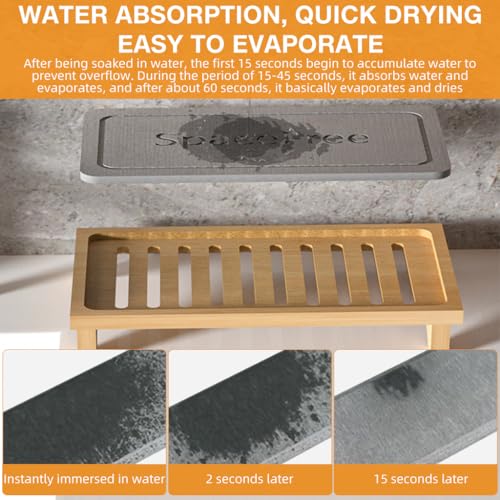 Image of HASTHIP Bathroom Organizer Rack, Small Wood Tray with Diatomite Drain Pad, Minimalist Bathroom Kitchen Organizer Holder for Hand Soap, Scented Candle, Toiletries