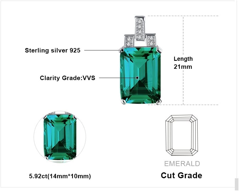 JewelryPalace Emerald Cut 6ct Simulated Emerald Solitaire Pendant Necklace for Women, Green Gemstone 925 Sterling Silver 14k White Gold Plated Necklace, Gemstone Necklace 18 Inches Chain Jewelry Set - Image 2