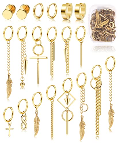 Dolotta 20 Pieces Mens Earrings Stainless Steel Hinged Hoop Earrings Cross Dangle Earrings Stud For Men Women Long Chain Kpop Earrings Setg Gold Tone #TOP7