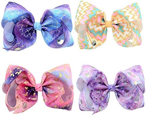 gdy 4 Pcs Large JoJo Multi-colored Siwa Hair Bow, 8 Inch Handmade Grosgrain Ribbon Alligator Clip Hair Accessories for Gift