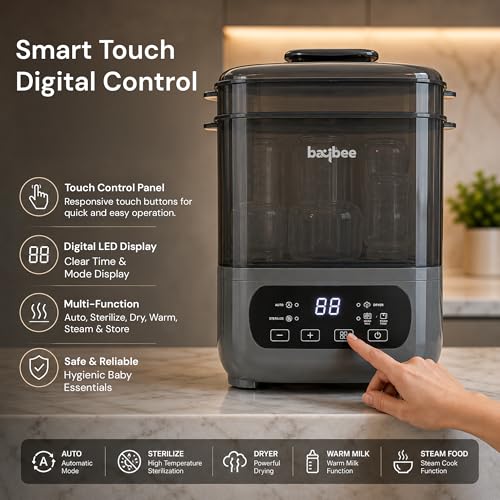 Image of Baybee Puresteam Pro 7-in-1 Baby Bottle Sterilizer and Dryer | Baby Bottle Warmer for Milk with 360 Steam Sterilizing & LED Touch Control | Baby Food Steamer with Large Capacity & Auto Shut-Off Protection