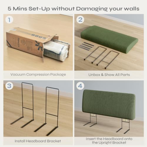Image of Pinmoco 4.7 inch Upholstered Headboard for Queen Size Bed, Height Adjustable and Ergonomic Headboard, Easy Assemble, Sturdy and Durable, Olive Green