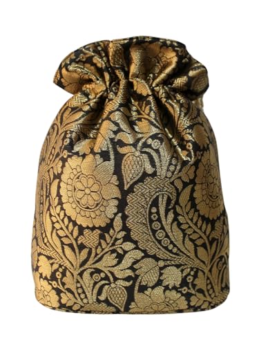 Image of MILAN'S CREATION Banarasi Silk Brocade Potli Bag Purse With Base Drawstring Women's handbag with Pearl Handle & Tassel Weddings