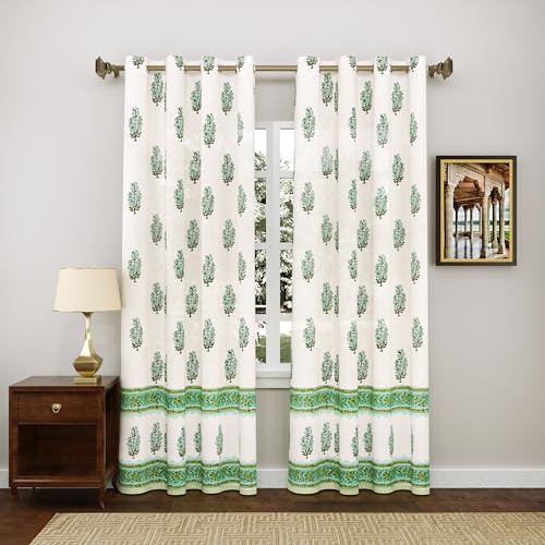 Image of BLOCKS OF INDIA Hand Block Printed Cotton Daylight Curtains with Eyelets(Set of 2 Curtains, Block 3, 7 Feet /Door, Semi Sheer, Multicolor)