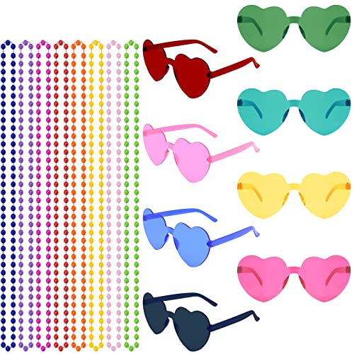 Ruicaifu Lunettes de Soleil en Forme de Coeur, 8Pcs Lunettes de Soleil sans Monture avec 8Pcs Collier de Perles en Plastique, Lunettes de Fête Transparentes pour Party Annivesaire EVJF Plage Photo Cover