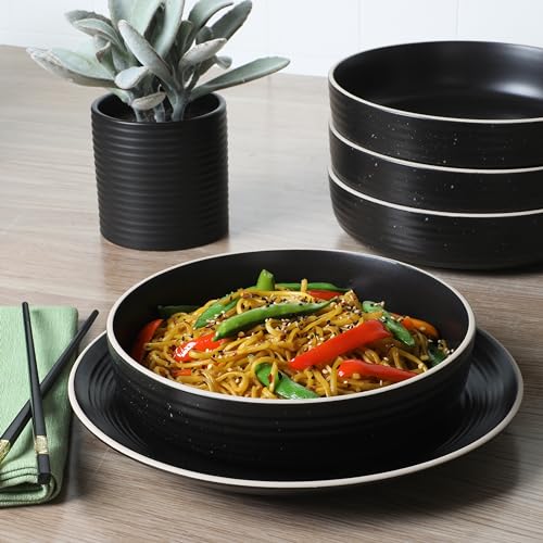 Image of Gibson Home Dinah 16-Piece Matte Black Stoneware Dinnerware Set - Double Bowl, Embossed Speckled Design, Durable Kitchen Dinner Set