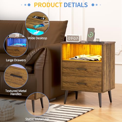 LVSOMT Nightstands Set of 2, Nightstand with Charging Station and USB Ports, Rustic Brown Bedside Table with Open Shelf, Mid Century Modern Nightstand with 2 Drawers, Night Stands for Bedroom