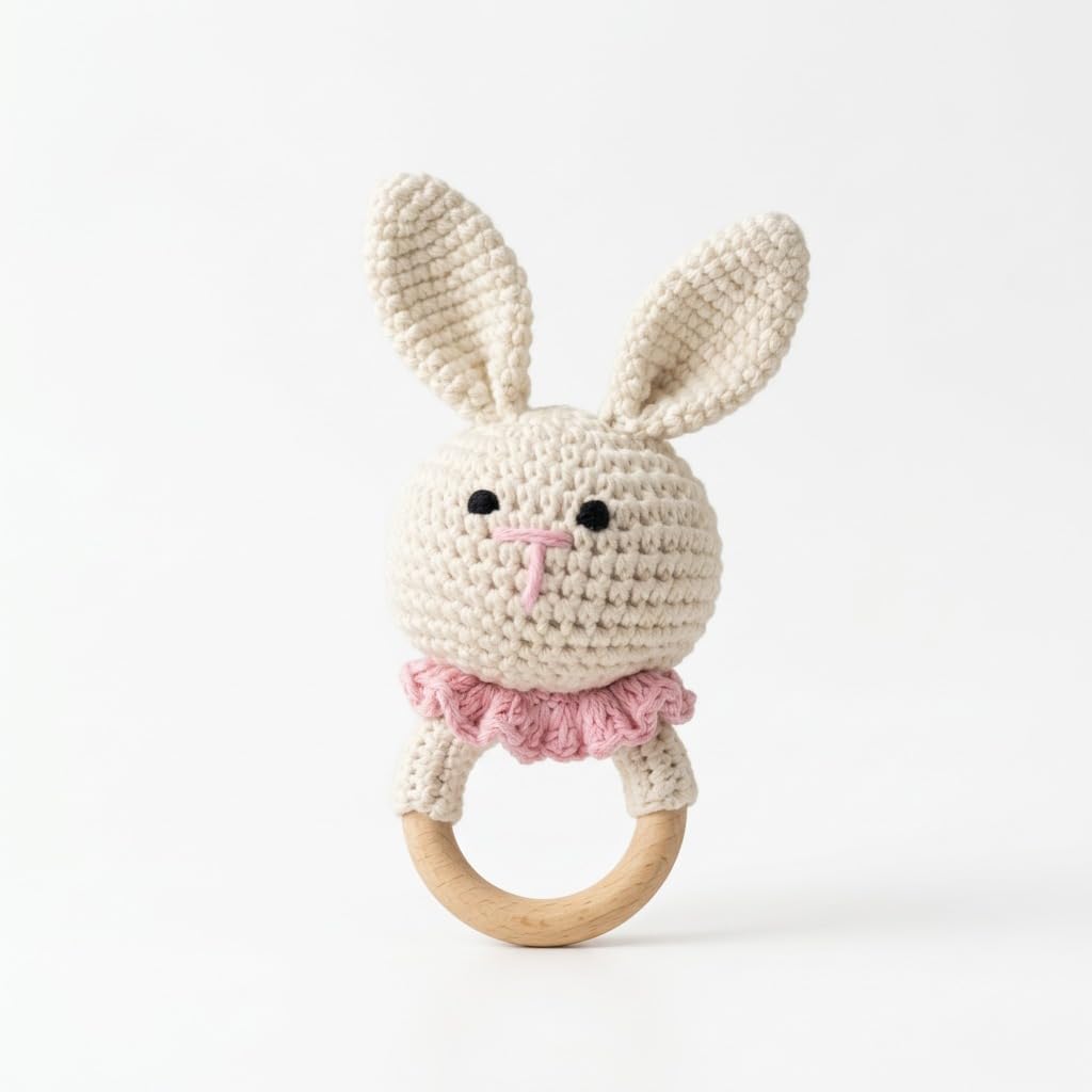 Junioryou Wooden Crochet Baby Rattle Toy for Newborn & Infant Babies | Natural Wooden Teething Ring | Handmade Soft Cotton Infant Toy | Baby-Safe Eco-Friendly | Ideal Baby Shower Gift (Cream Rabbit)-picture-12