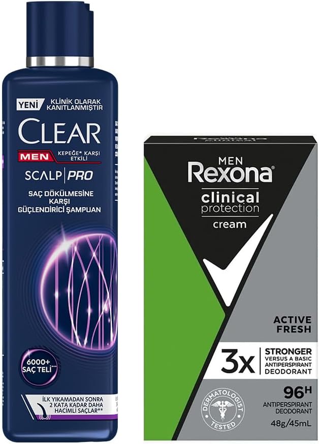 Rexona Men Clinical Protection Erkek Stick Deodorant Active Fresh 45 ml + Clear Men Scalp Pro Güçlendirici Şampuan Saç Dökülmesine ve Kepeğe Karşı Etkili 300 ml