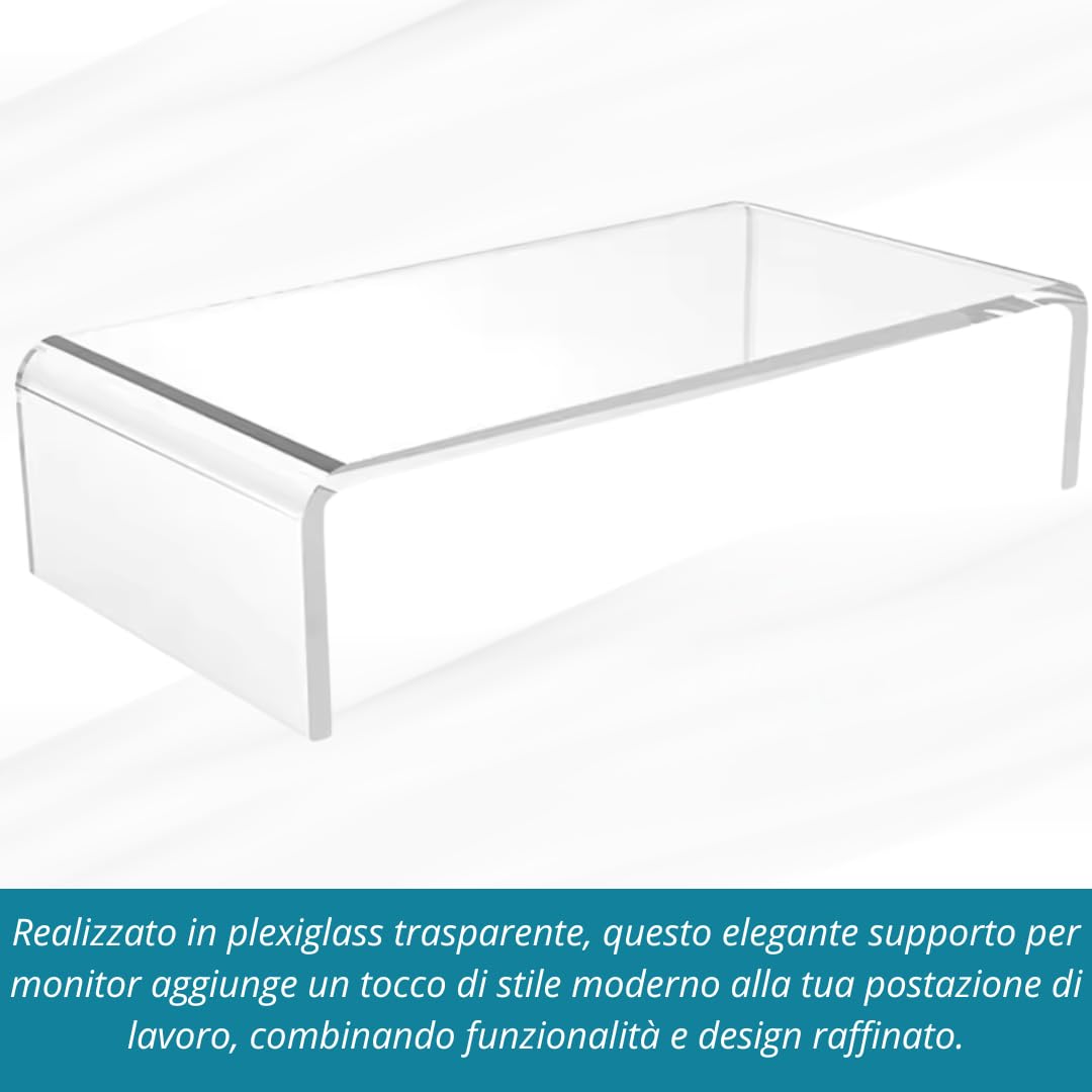 Debora Carlucci Supporto per Monitor Acrilico Alzatina Rialzo Pc Schermi Laptop Computer Notebook in Plexiglass Trasparente Made in Italy 34x19x10 cm Spessore 1 cm
