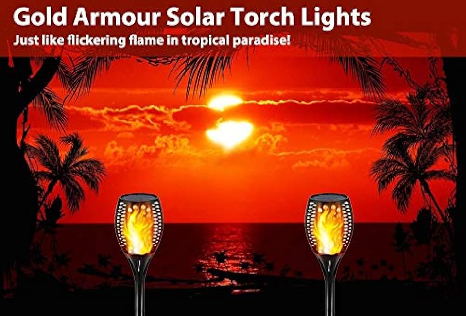 Gold Armour Solar Lights Outdoor - Flickering Flames Torch Lights Solar Light 42.9in Tall, Waterproof Dancing Flame Lighting 96 LED Dusk to Dawn Flickering Tiki Torches Outdoor Garden (4Pack)