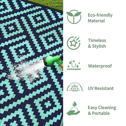 Image of GENIMO Outdoor Rug, Waterproof Plastic Rugs for Patio, 6'x9' Blue Green | Outside Larger Modern Carpet Mat for Porch Decor, Deck, Balcony, Camping, RV, Backyard, Picnic, Beach, Reversible, Foldable
