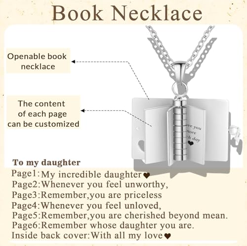Custom Book Necklace,Personalized Mini Book Locket Necklace Engraved Name and Messages,Book Pendant with 6 Pages of Engraved Information,Openable Multi Layer Jewelr Memory Necklace for Daughter3