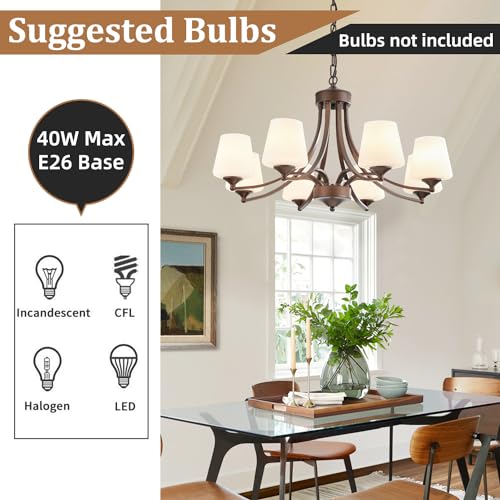 Image of 8-Light Large Rustic Chandeliers with Frosted Milky White Glass, Classic 30 inchPendant Ceiling Light, Oil Rubbed Bronze Durable Metal Hanging Fixture for Dining Room, Living Room, Kitchen, Farmhouse