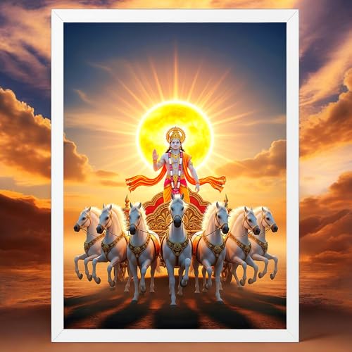 Image of ARTFUL TOY BOX - Surya Dev with Seven (7) Horses Photo Frame Wall Hanging | Divine Solar Chariot Rising Sun Design | Spiritual Surya Dev Artwork | Glossy HD Print | Premium White Fiber Frame | Devotional Home Decor - 12x18 Inch (30x45 cm)(Design 4)