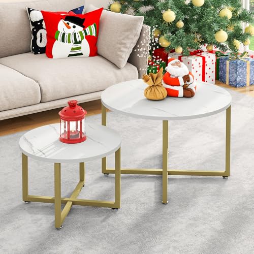 YITAHOME Round Coffee Table Set of 2 for Living Room, Modern Round Nesting Coffee Table with Sturdy Gold Metal Frame, Sofa Tea Table, Cocktail Tables End Side Table for Living Room/Bedroom, White