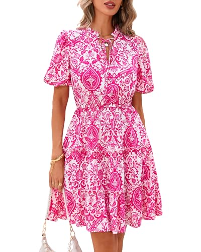 Image of BTFBM Women Summer Floral Short Dresses V Neck Short Sleeve Tiered Ruffle Boho Swing Dress A-Line Mini Dresses