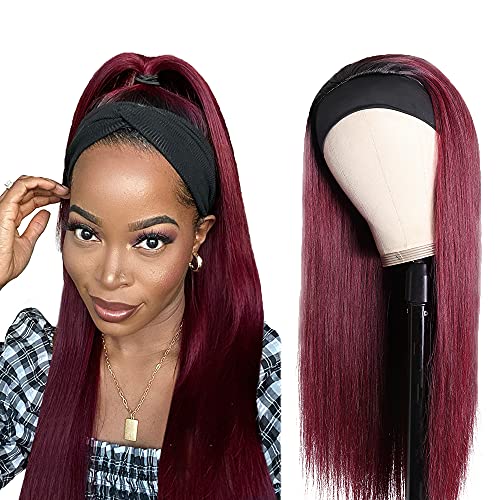 WunnSvm 24 Inch Straight Headband Wigs Burgundy Human Hair Soft and Silky 150 Percent Density Brazilian Virgin Human Hair Wigs Straight 1B99J Highlights Headband Wigs