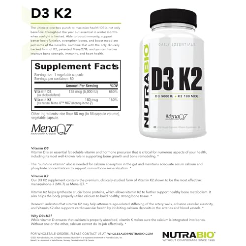 NutraBio Vitamin D3 K2 | 5000 IU D3 as Cholecalciferol with Vitamin K2 as MENA-Q MK7 (180mcg) | Support Bone and Heart Health | Non-GMO, Gluten Free, Lactose Free | 60 Vegetable Capsules - Thumbnail 7