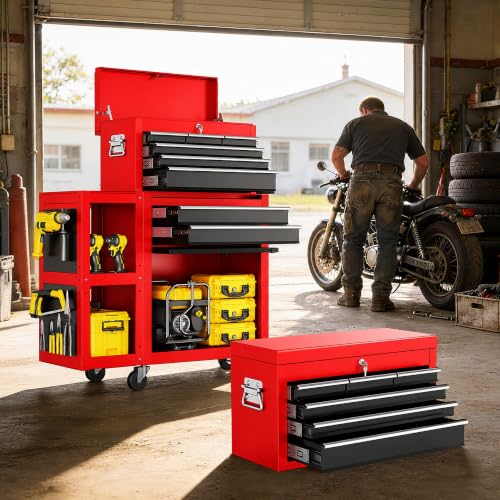 Image of 8-Drawers Rolling Tool Chest, Assembled Tool Cabinet, Detachable Top Toolbox, 30% Extra Storage Tool Cabinet Universal Lockable Wheels, Tool Rack, Metal Tool Storage Cart for Garage Workshop, Red