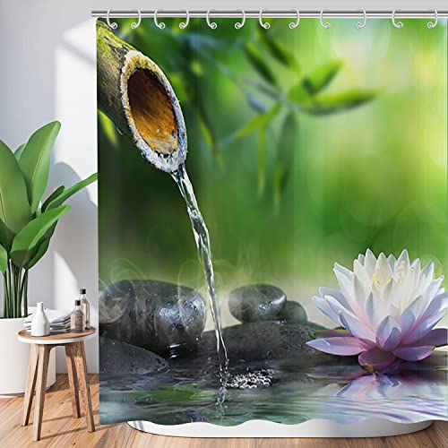 Hnmdmyi Rideau de Douche Zen Jardin 180x200, Spa Bambou Vert Pierre Noire Fleur Blanche, Baignoire Méditation Japonaise Détente, Tissu Étanche Lavable avec...